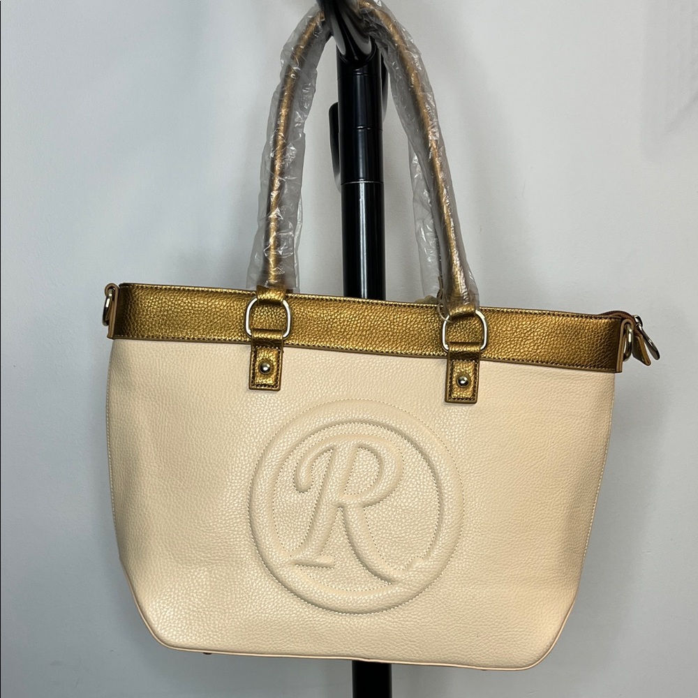 Danbury Mint collection. Cream and Gold Tote Bag with Embossed Monogram